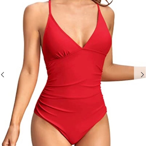 Tempt Me Womens 1 Piece Swimsuit XXL Red V Neck Cross-back Straps Tummy Control - Picture 4 of 6